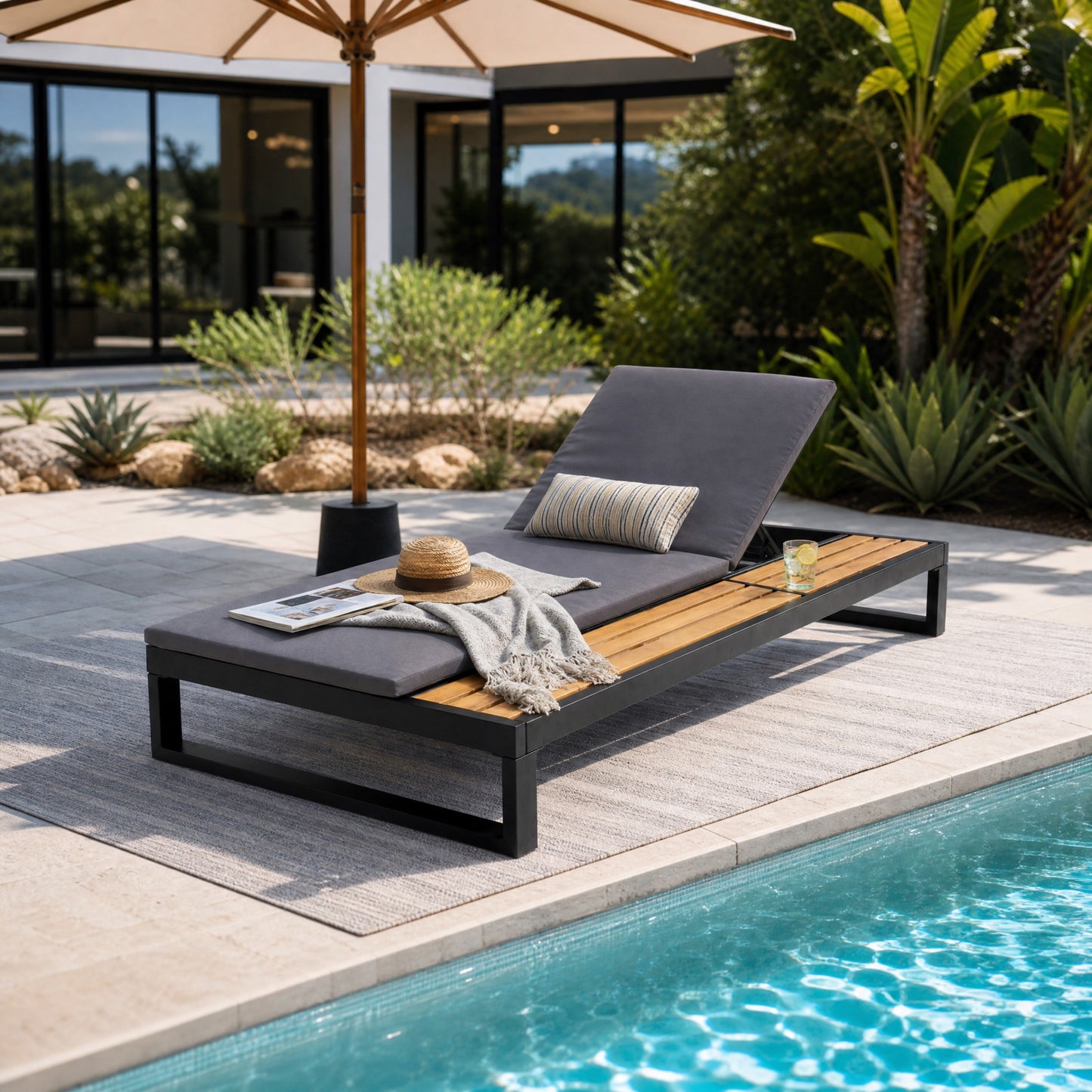Black Iron & Teak Finish Chaise Lounge Set