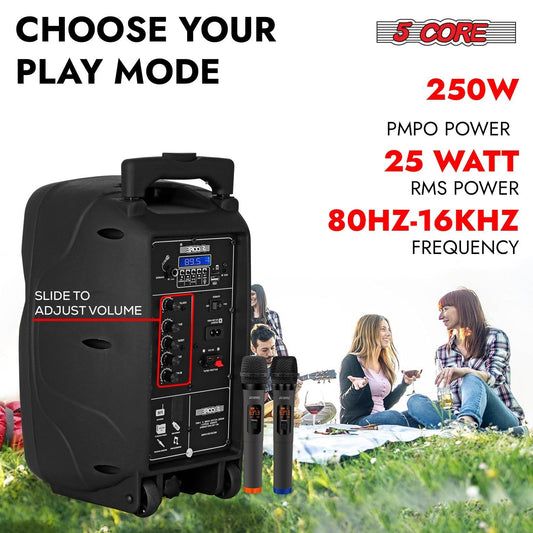 Party Starter Speaker Bluetooth 250W Big Monster Powered Rechargeable Outdoor PA DJ System w Disco Lights 2 Wireless Karaoke Mics Portable Rolling Speakers w Handle Black - ACTIVE HOME 8 2-MIC