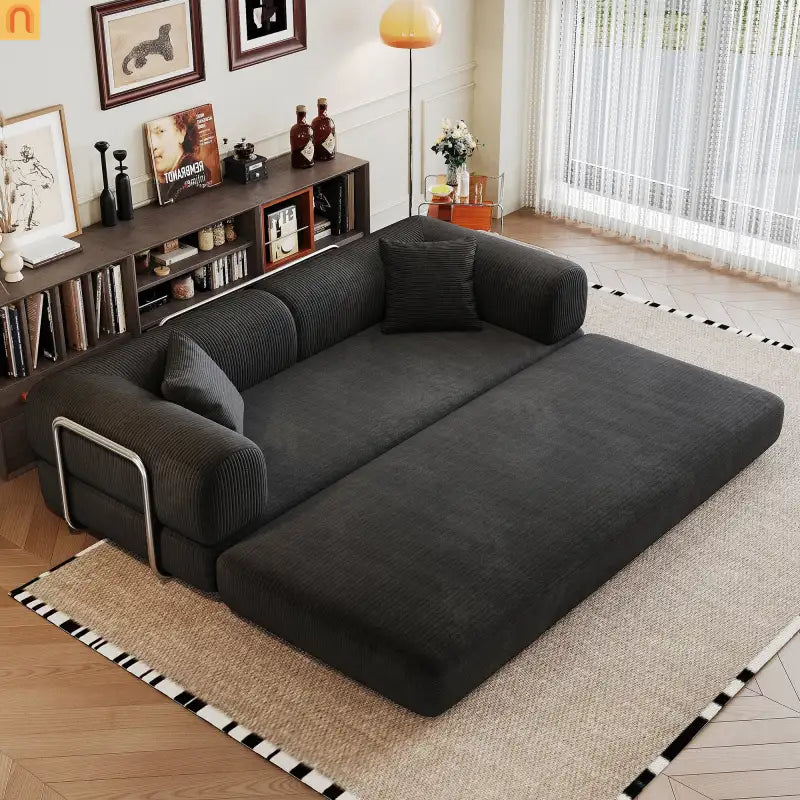 Sofa Convertible Corduroy Black 78.8in Long With Pillow Back Support