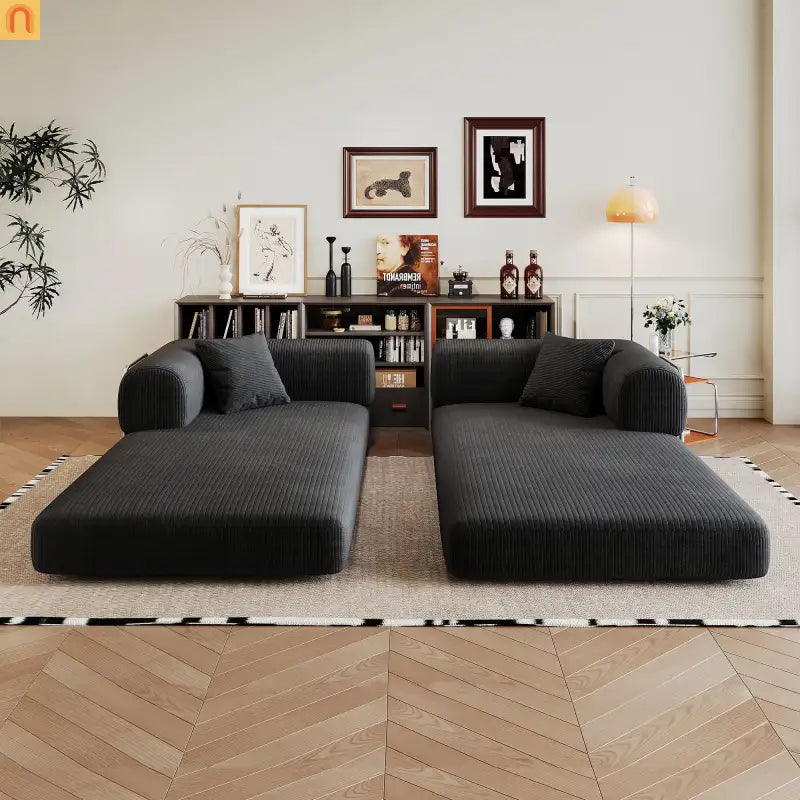 Sofa Convertible Corduroy Black 78.8in Long With Pillow Back Support