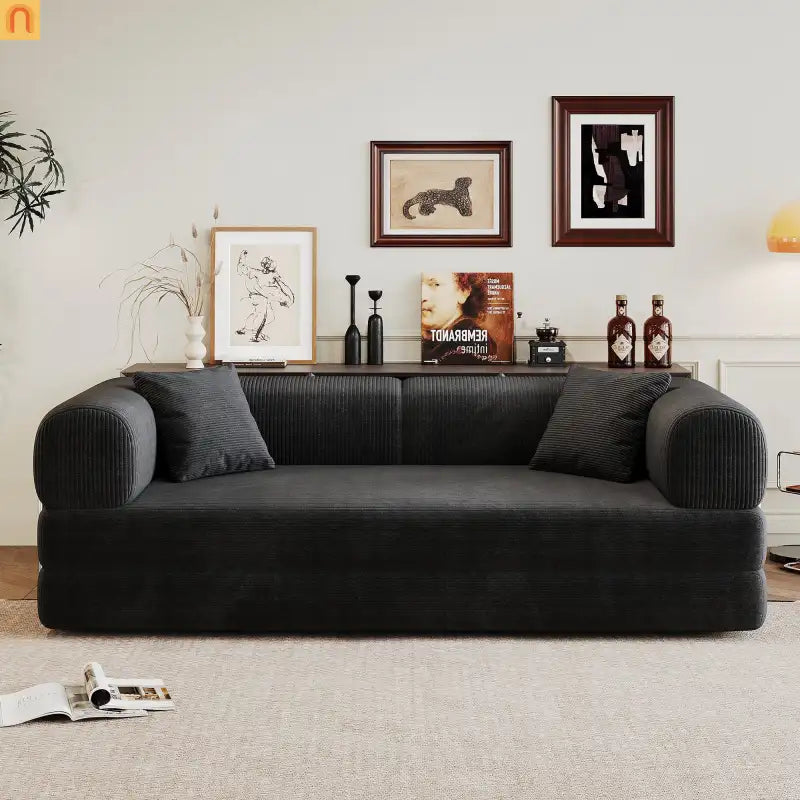Sofa Convertible Corduroy Black 78.8in Long With Pillow Back Support