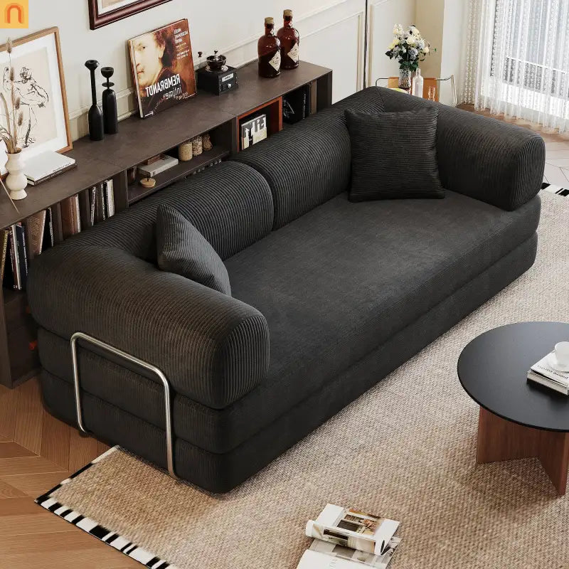Sofa Convertible Corduroy Black 78.8in Long With Pillow Back Support