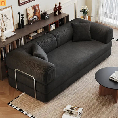 Sofa Convertible Corduroy Black 78.8in Long With Pillow Back Support