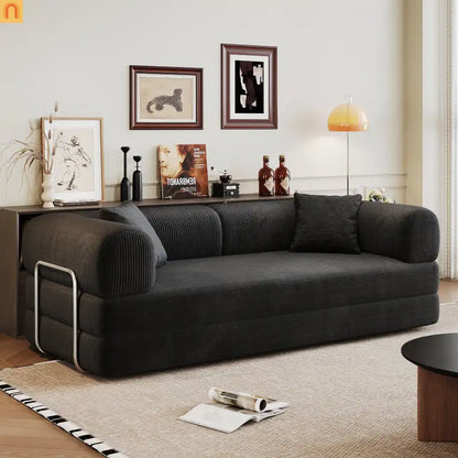 Sofa Convertible Corduroy Black 78.8in Long With Pillow Back Support