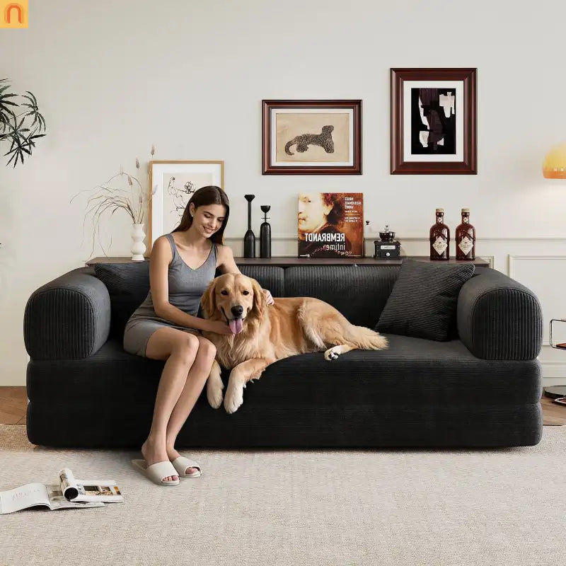 Sofa Convertible Corduroy Black 78.8in Long With Pillow Back Support
