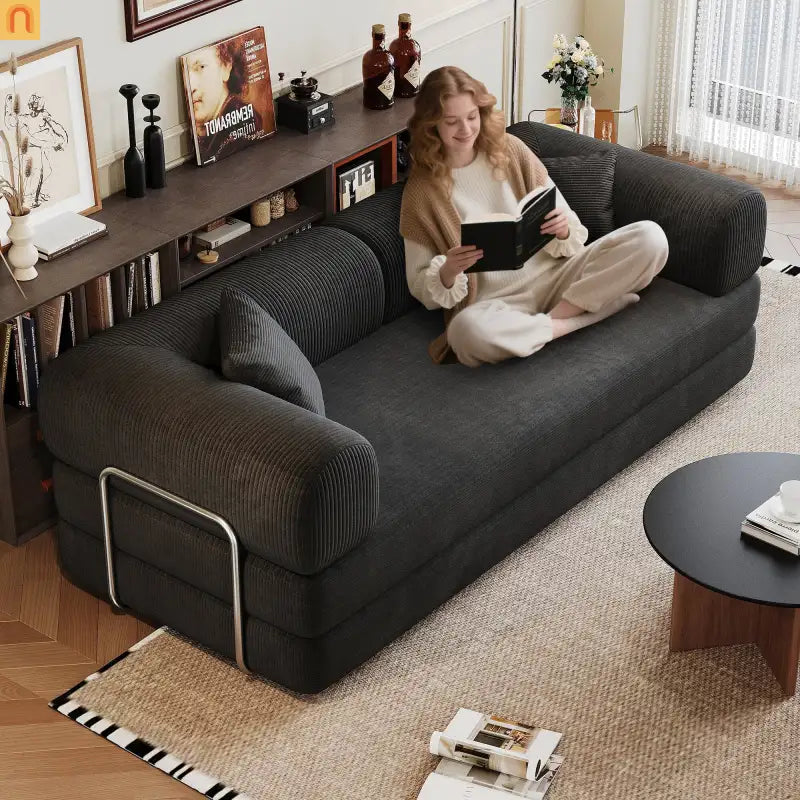 Sofa Convertible Corduroy Black 78.8in Long With Pillow Back Support