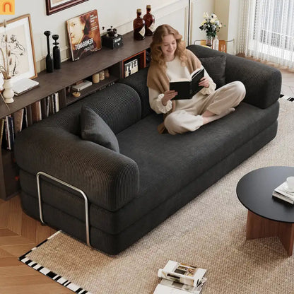 Sofa Convertible Corduroy Black 78.8in Long With Pillow Back Support