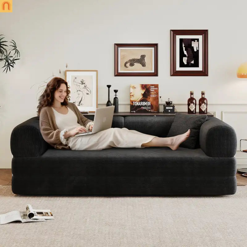 Sofa Convertible Corduroy Black 78.8in Long With Pillow Back Support