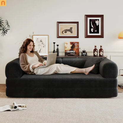 Sofa Convertible Corduroy Black 78.8in Long With Pillow Back Support