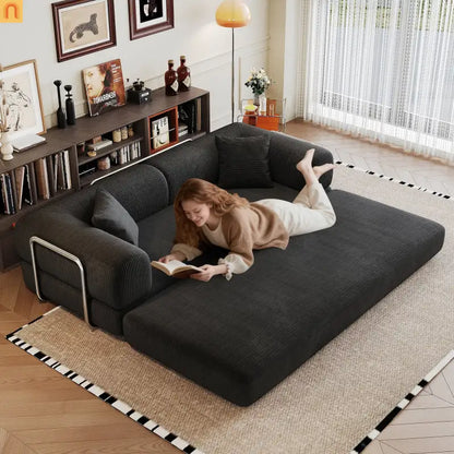 Sofa Convertible Corduroy Black 78.8in Long With Pillow Back Support