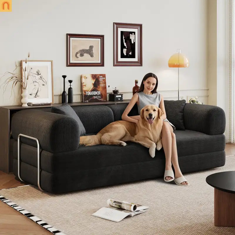 Sofa Convertible Corduroy Black 78.8in Long With Pillow Back Support