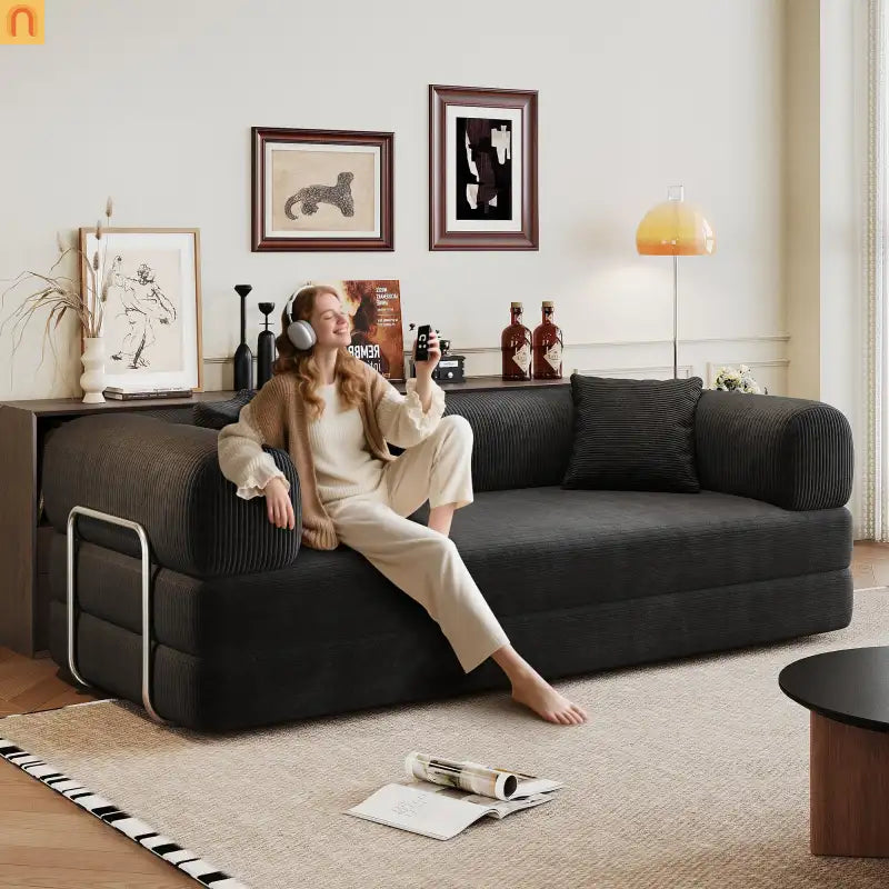 Sofa Convertible Corduroy Black 78.8in Long With Pillow Back Support