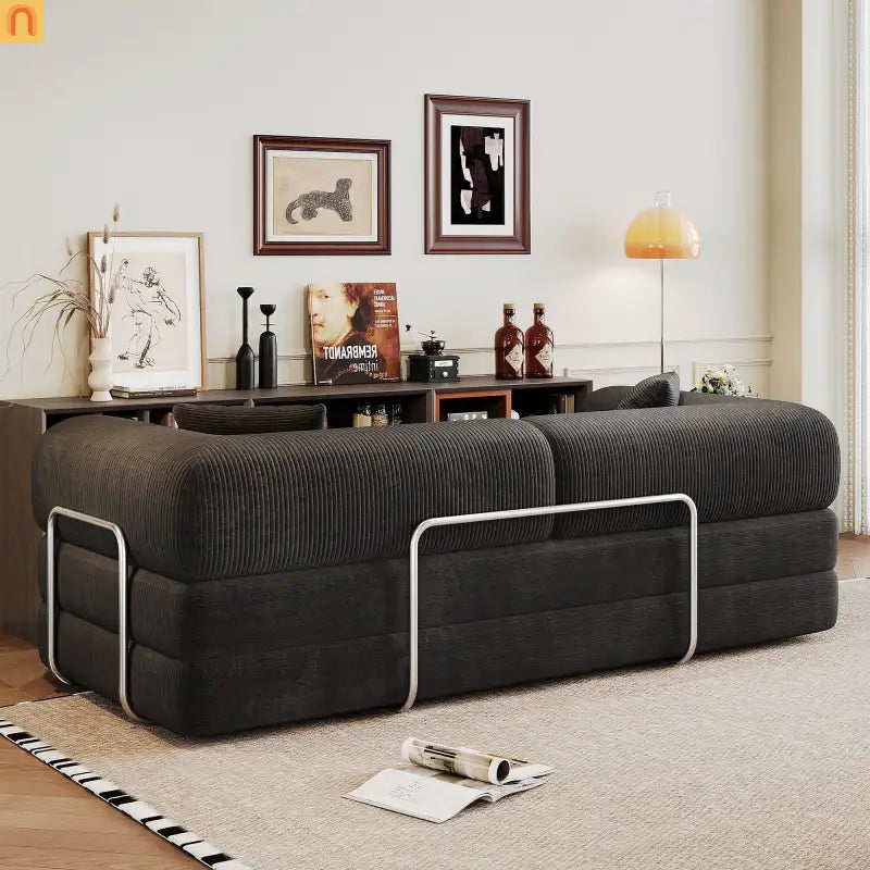 Sofa Convertible Corduroy Black 78.8in Long With Pillow Back Support