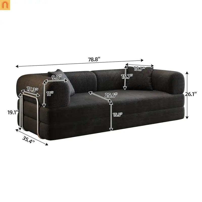 Sofa Convertible Corduroy Black 78.8in Long With Pillow Back Support